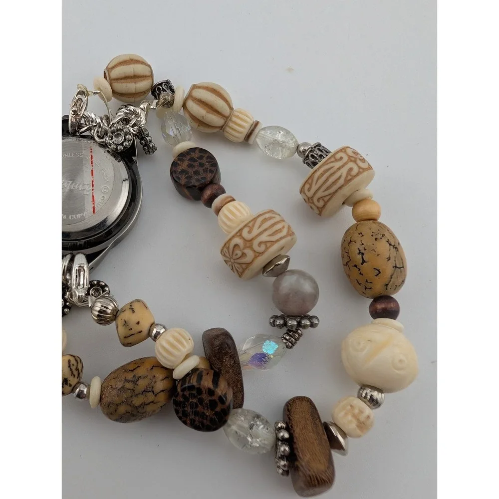 Legacy Watch Women‎ 25mm Silver Case Boho Brown Beaded Band- New Battery